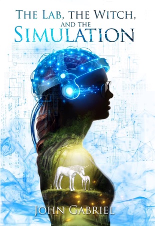 Silhouette of a girl wearing glasses and an electrode cap, surrounded by data, electrons, and unicorns. 